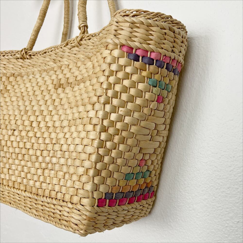 Vintage Woven Straw Tote Bag Boho Market Basket Painted Tribal Aztec Detail - Picture 6 of 11